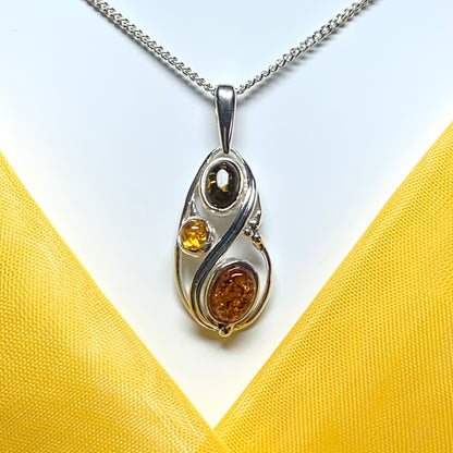 Multi coloured real amber sterling silver necklace