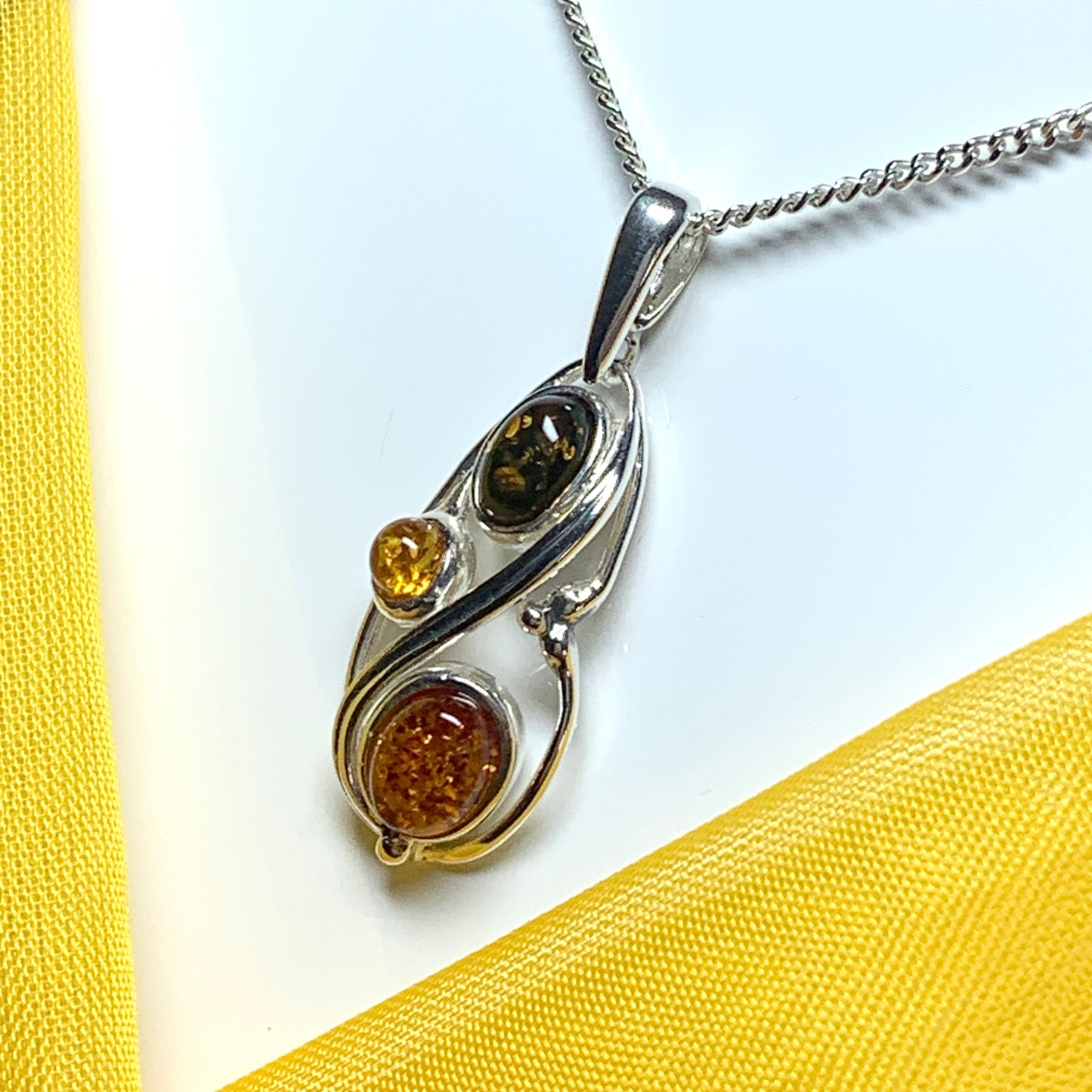 Multi coloured real amber sterling silver necklace