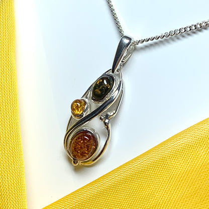 Multi coloured real amber sterling silver necklace