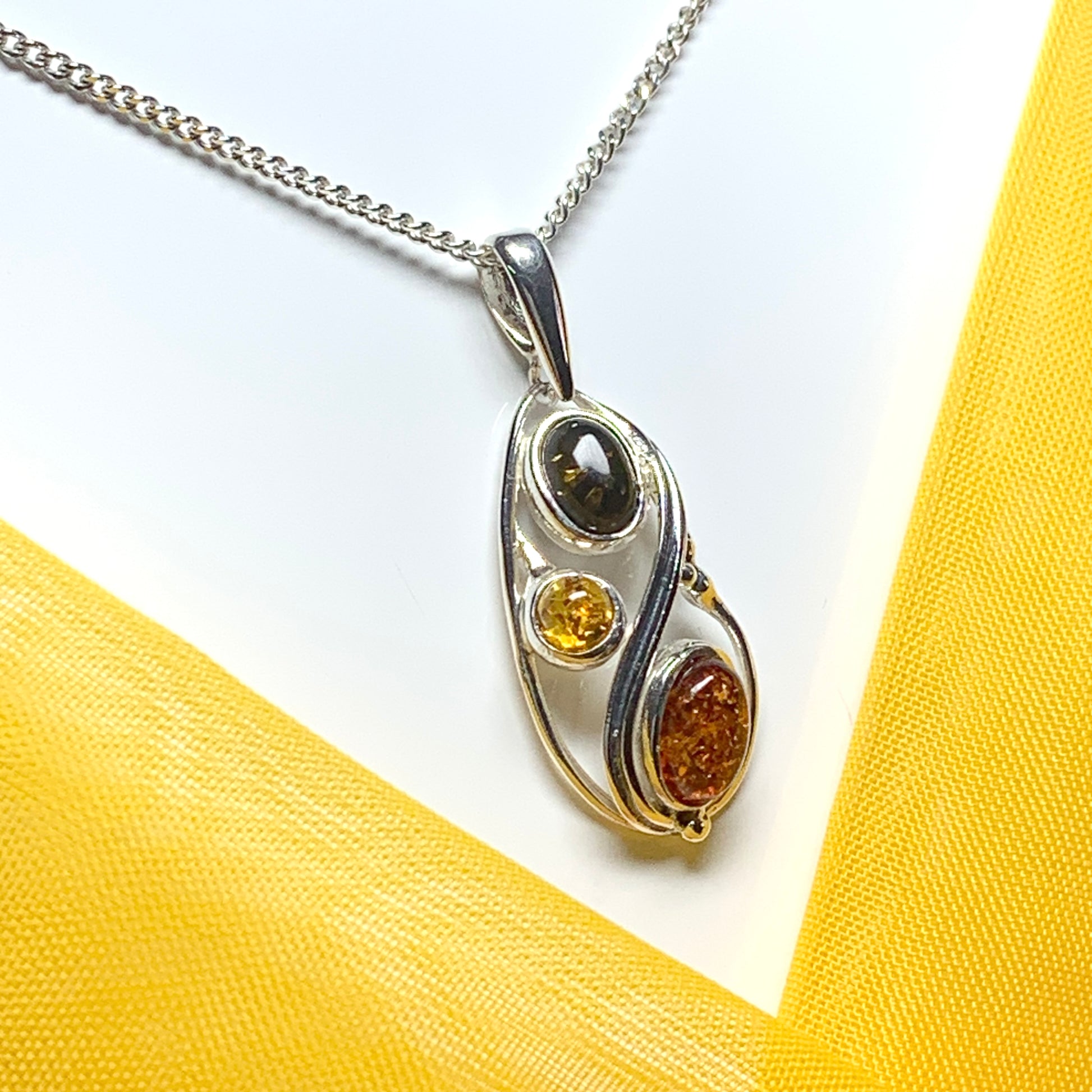 Multi coloured real amber sterling silver necklace