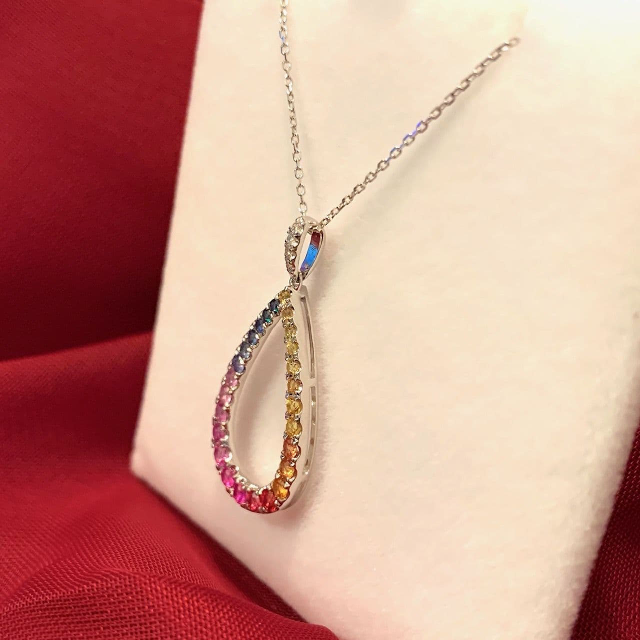 Multi Coloured Pear Shaped Sapphire And Diamond White Gold Necklace