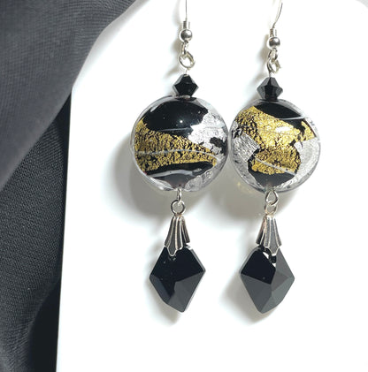 Black and gold Murano glass bead earrings with crystals