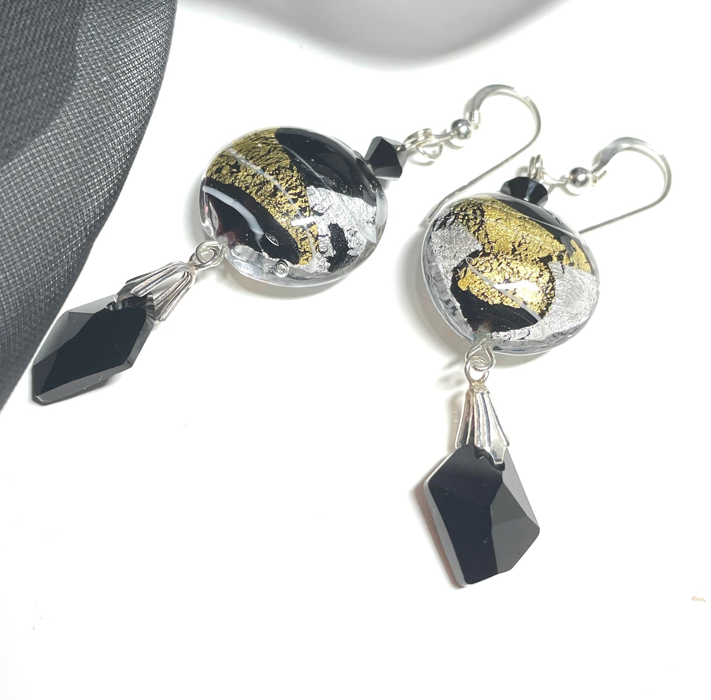 Black crystal and Murano glass drop earrings