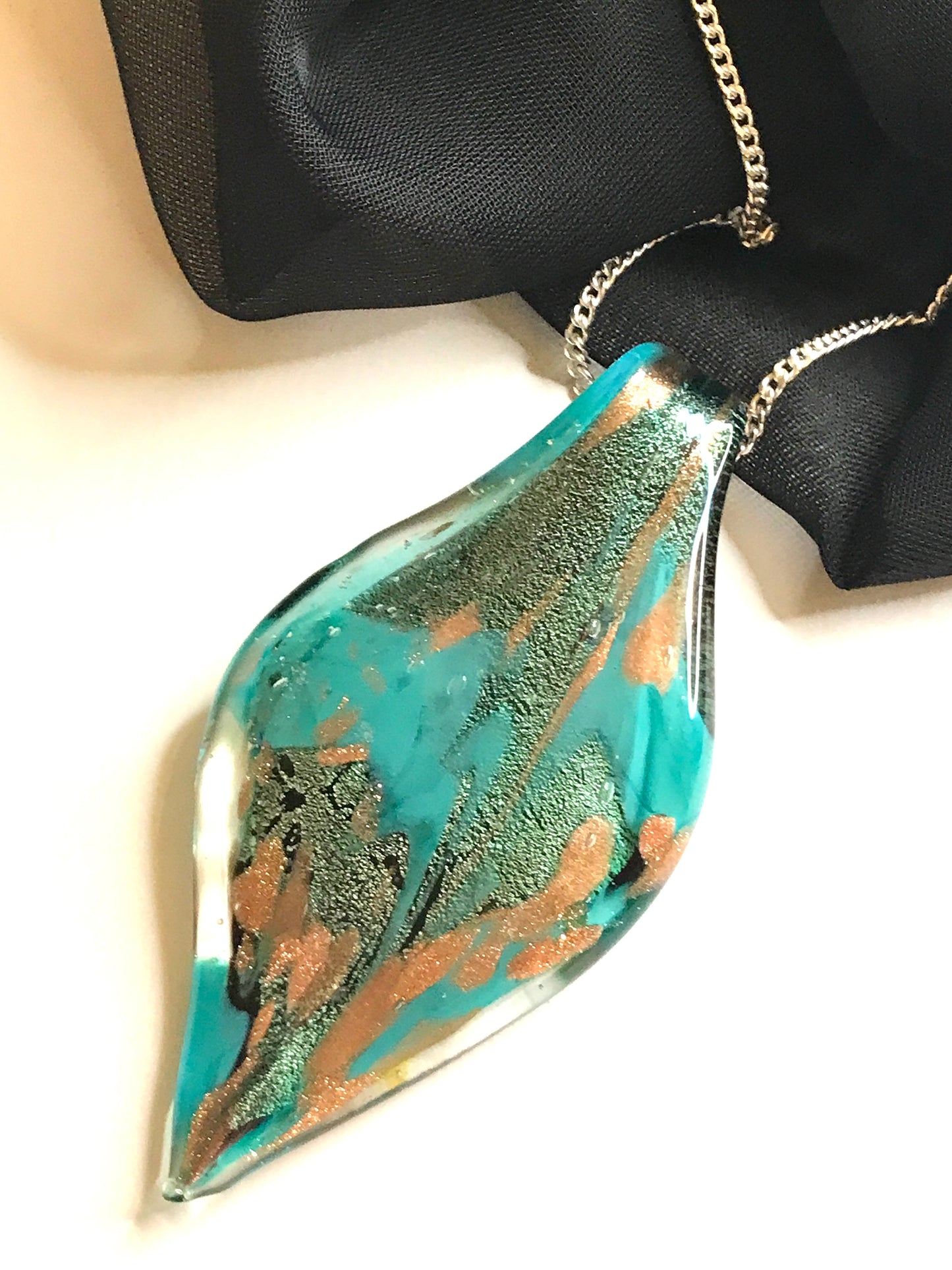 Murano Glass Turquoise & Copper Tone Leaf Necklace