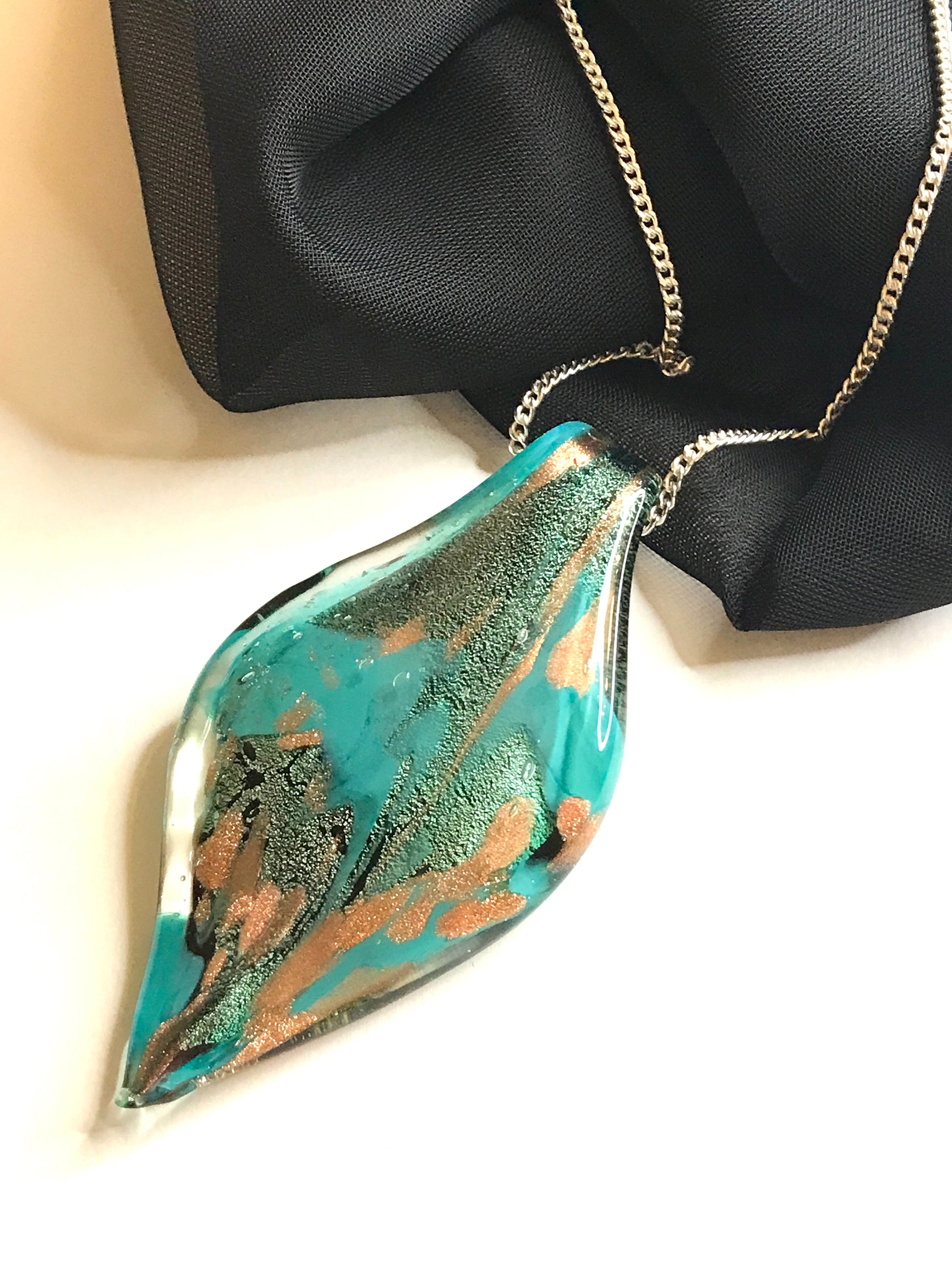 Murano Glass Turquoise & Copper Tone Leaf Necklace