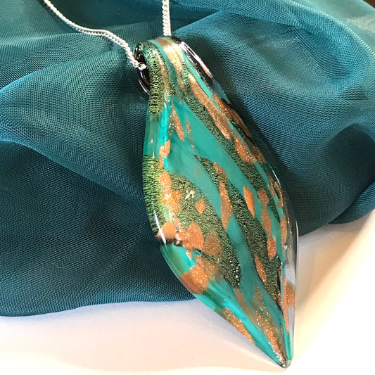 Murano Glass Turquoise & Copper Tone Leaf Necklace