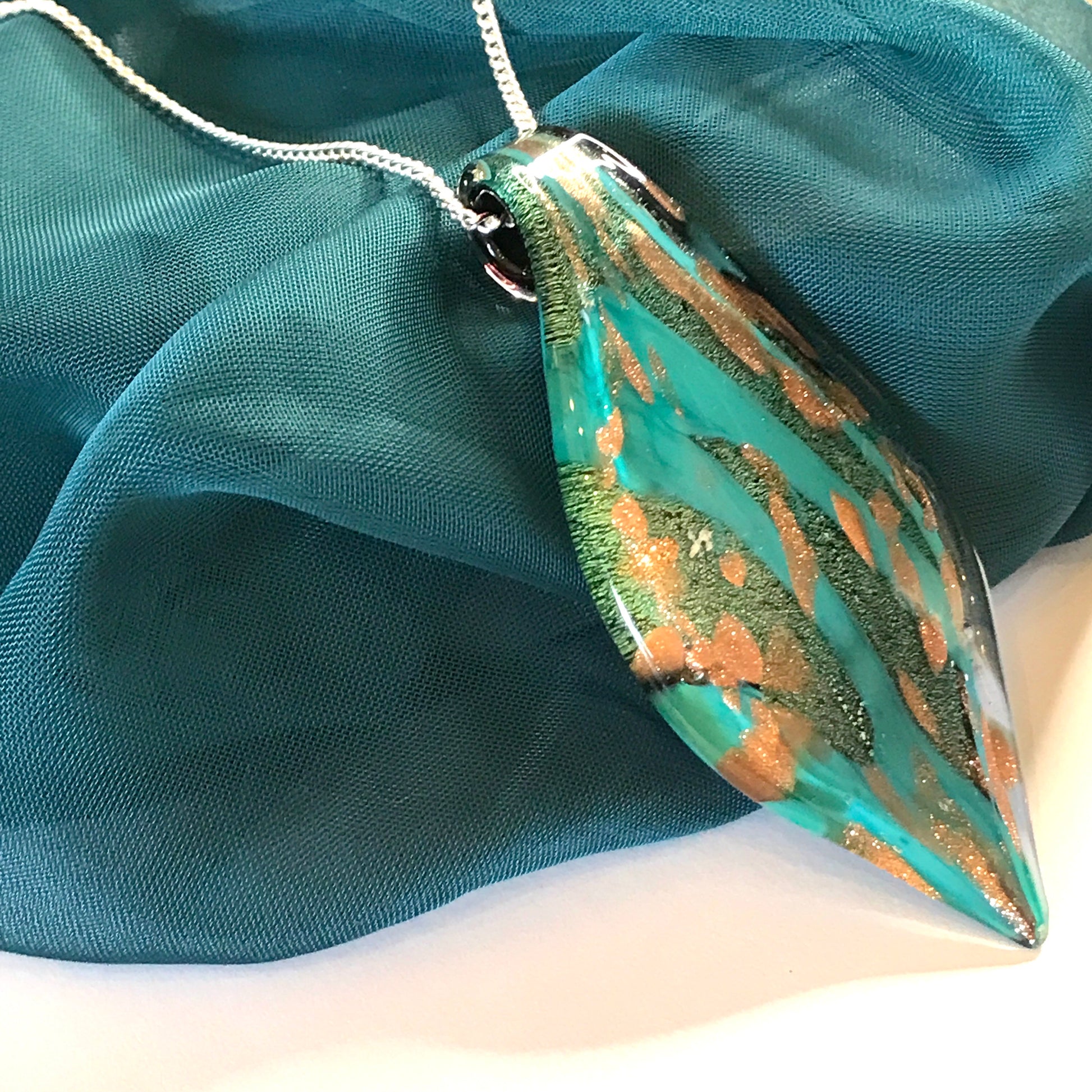 Murano Glass Turquoise & Copper Tone Leaf Necklace