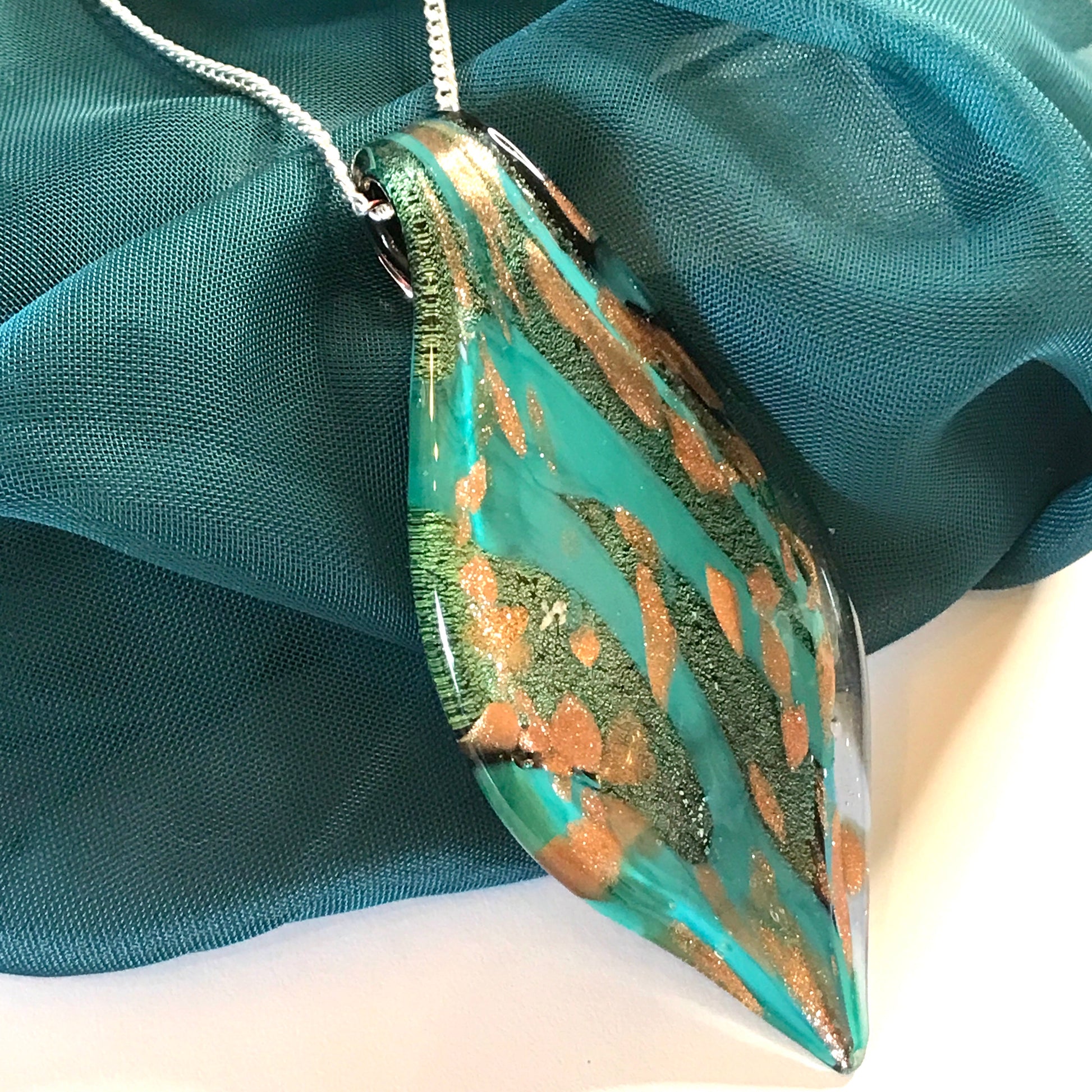 Murano Glass Turquoise & Copper Tone Leaf Necklace