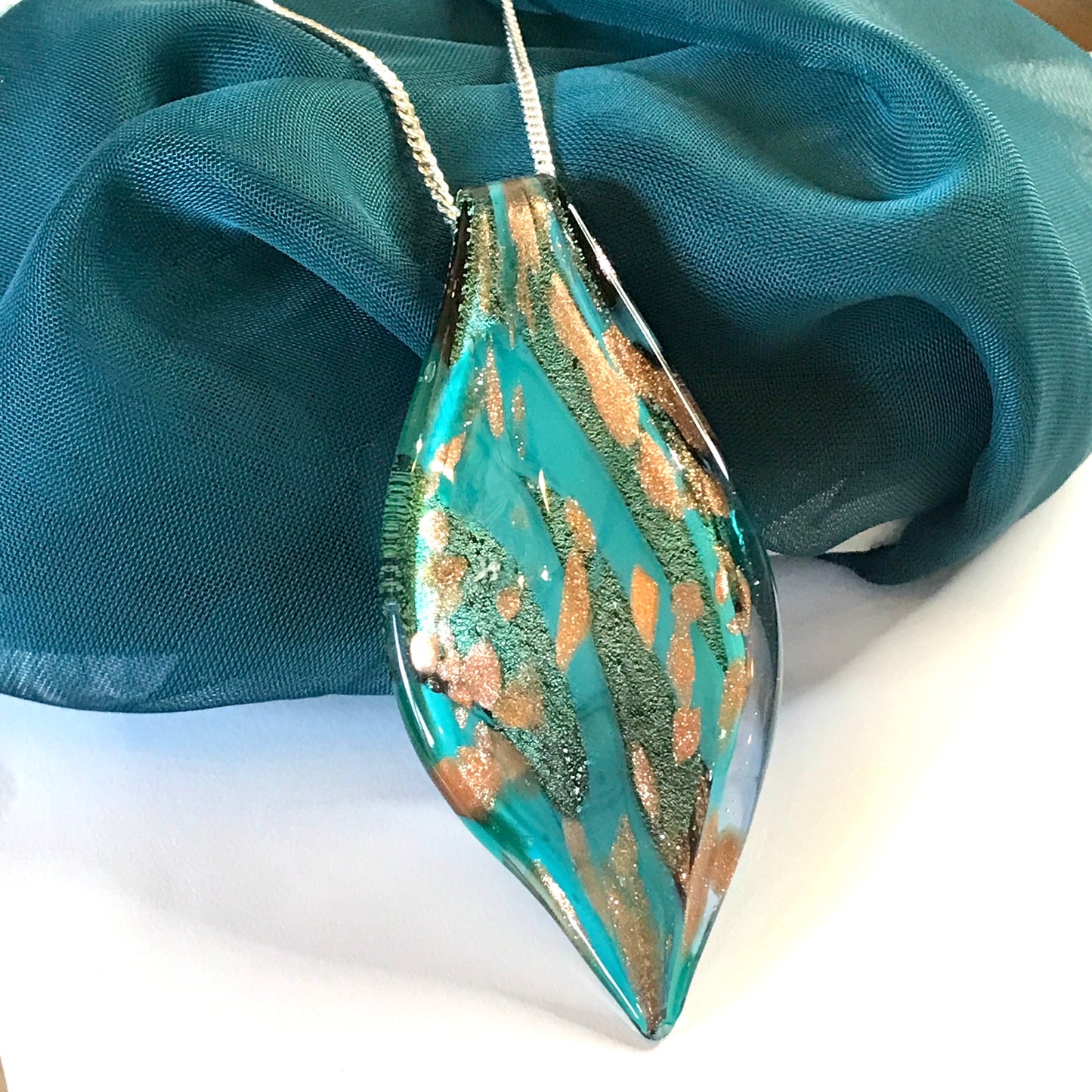 Murano Glass Turquoise & Copper Tone Leaf Necklace
