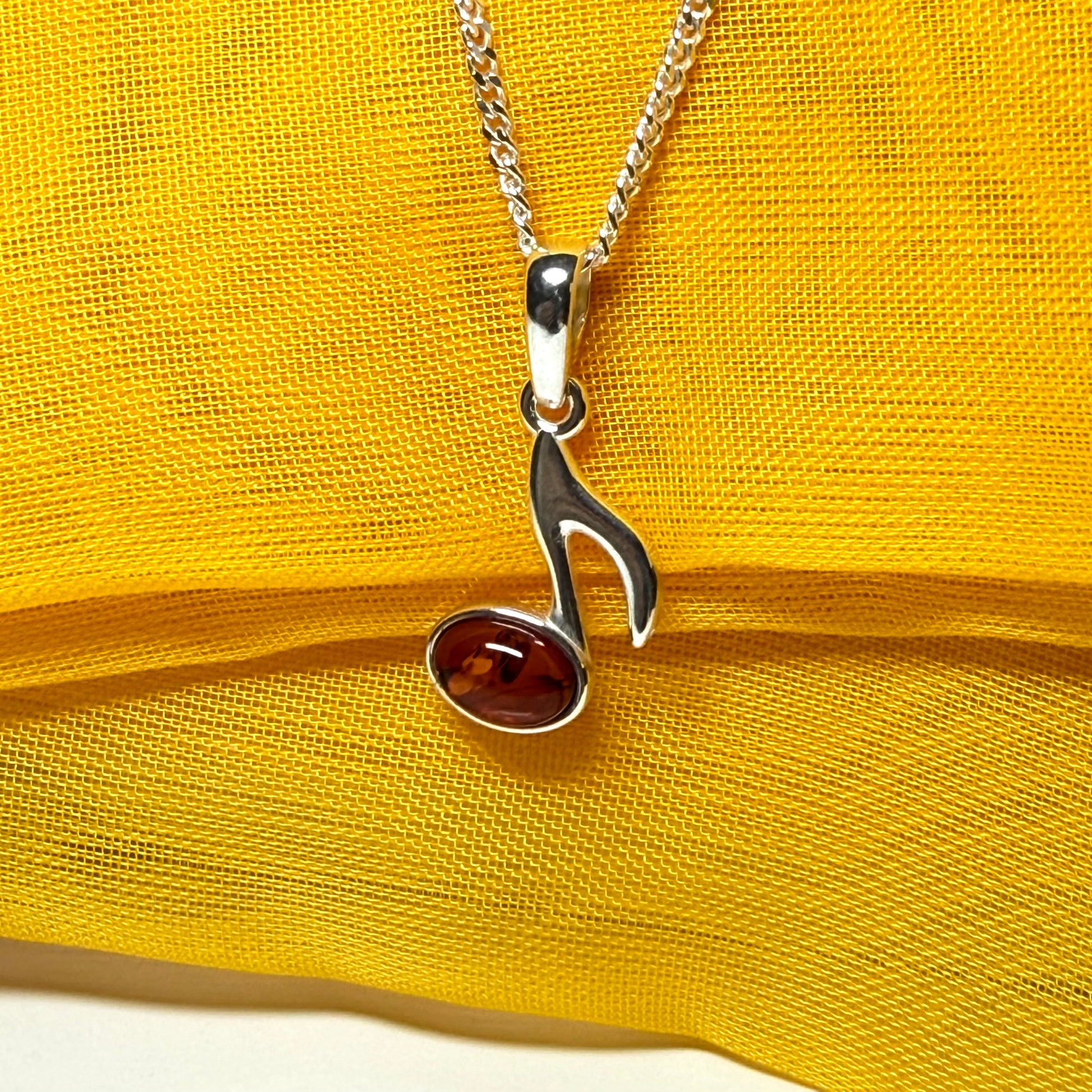 Musical note necklace orange real amber sterling silver pendant