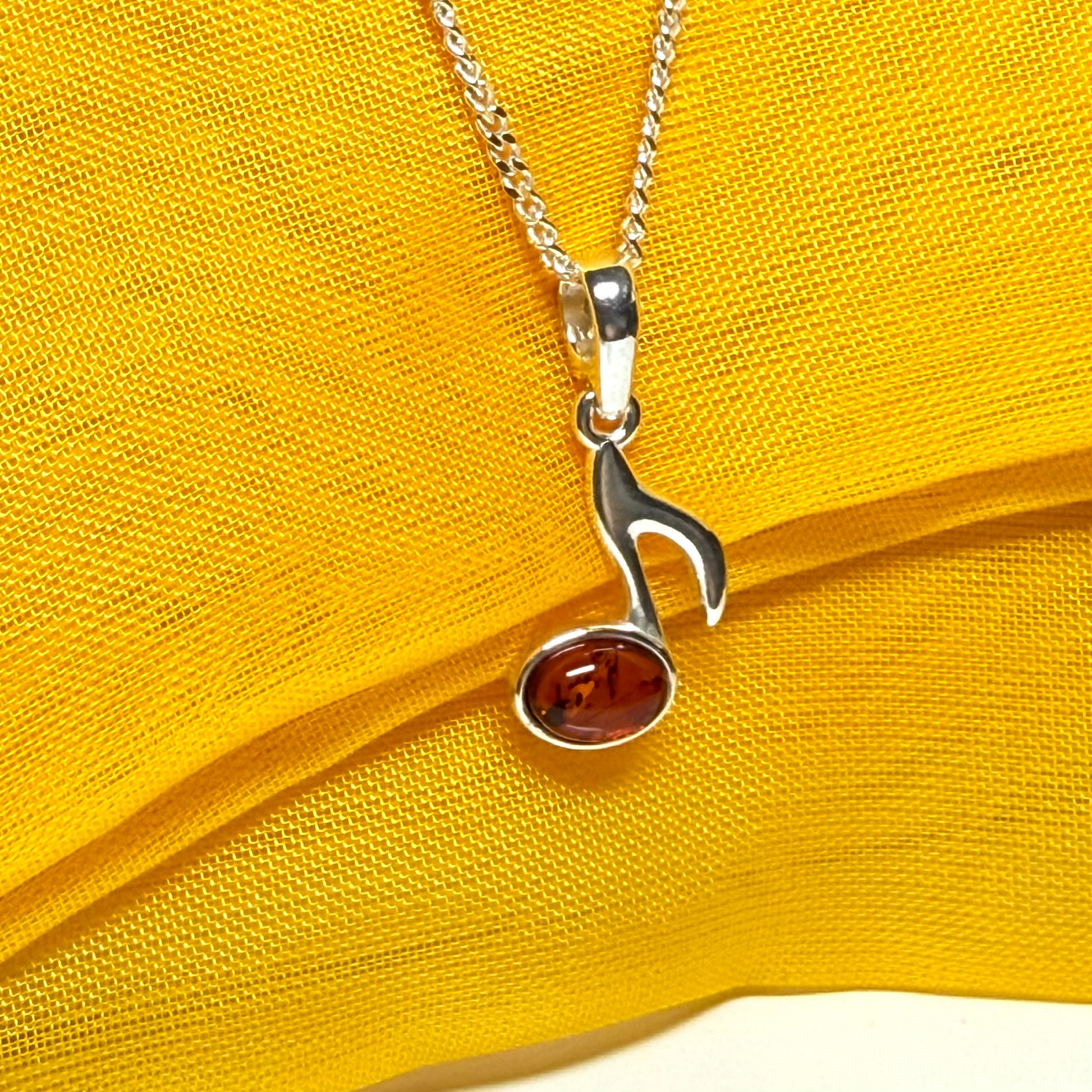 Musical note necklace orange real amber sterling silver pendant