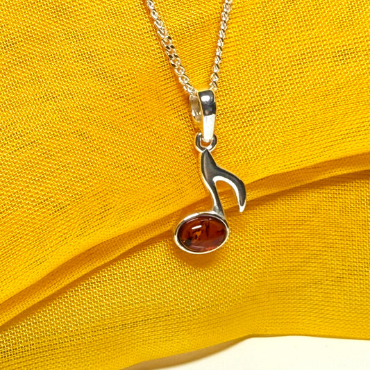 Musical note necklace orange real amber sterling silver pendant