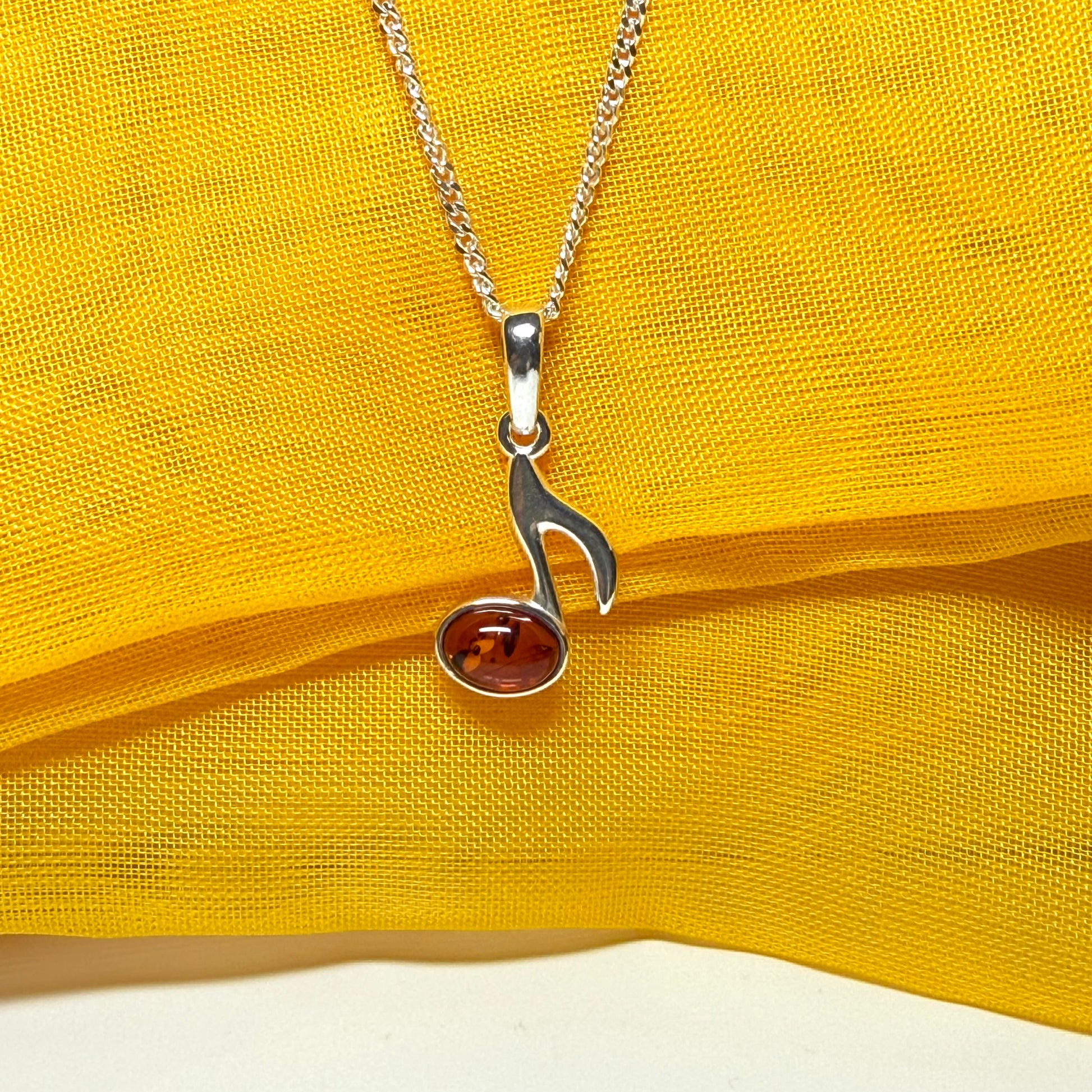 Musical note necklace orange real amber sterling silver pendant with chain