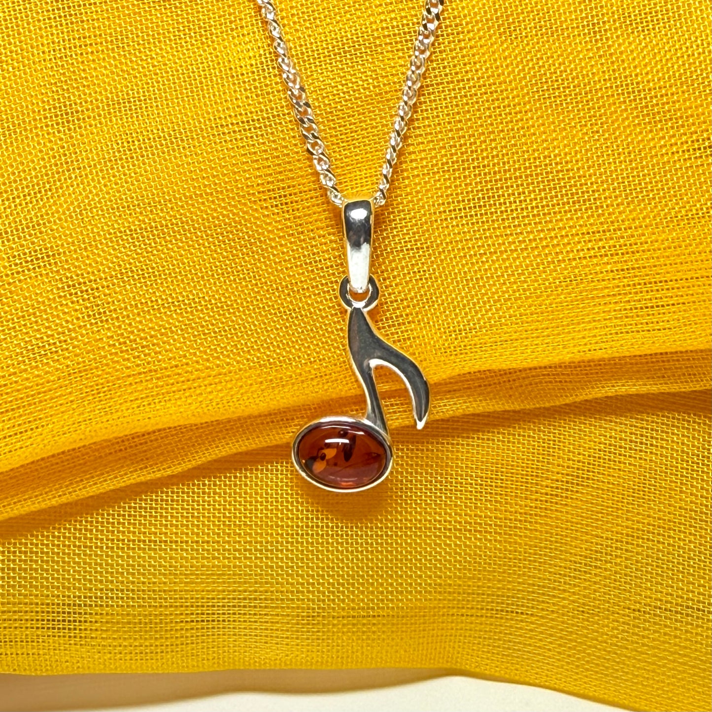 Musical note necklace orange real amber sterling silver pendant