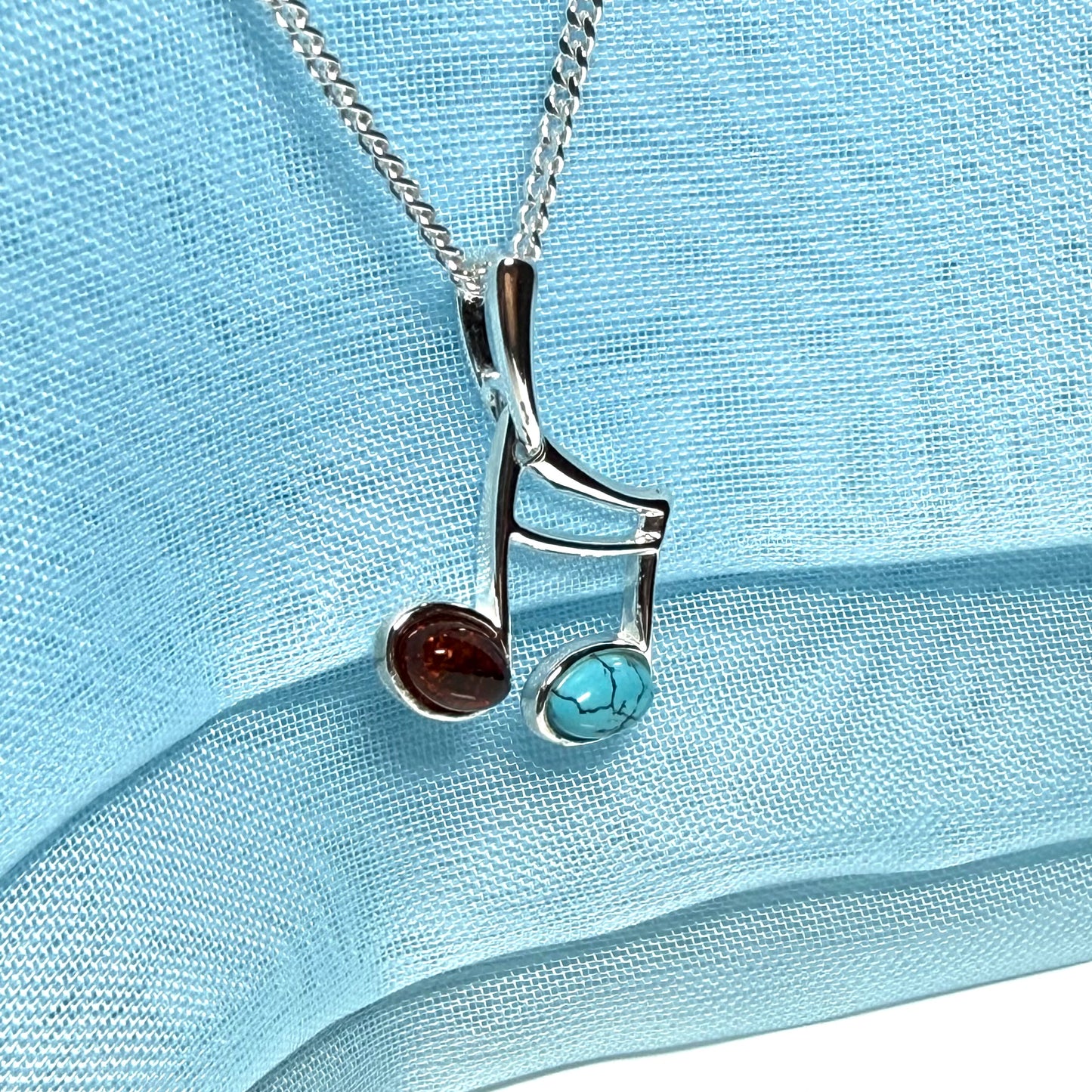 Musical note necklace real amber and turquoise sterling silver pendant