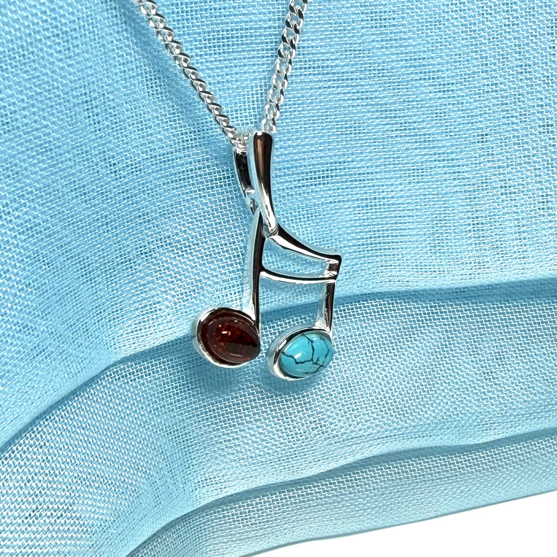 Musical note necklace real amber and turquoise sterling silver pendant