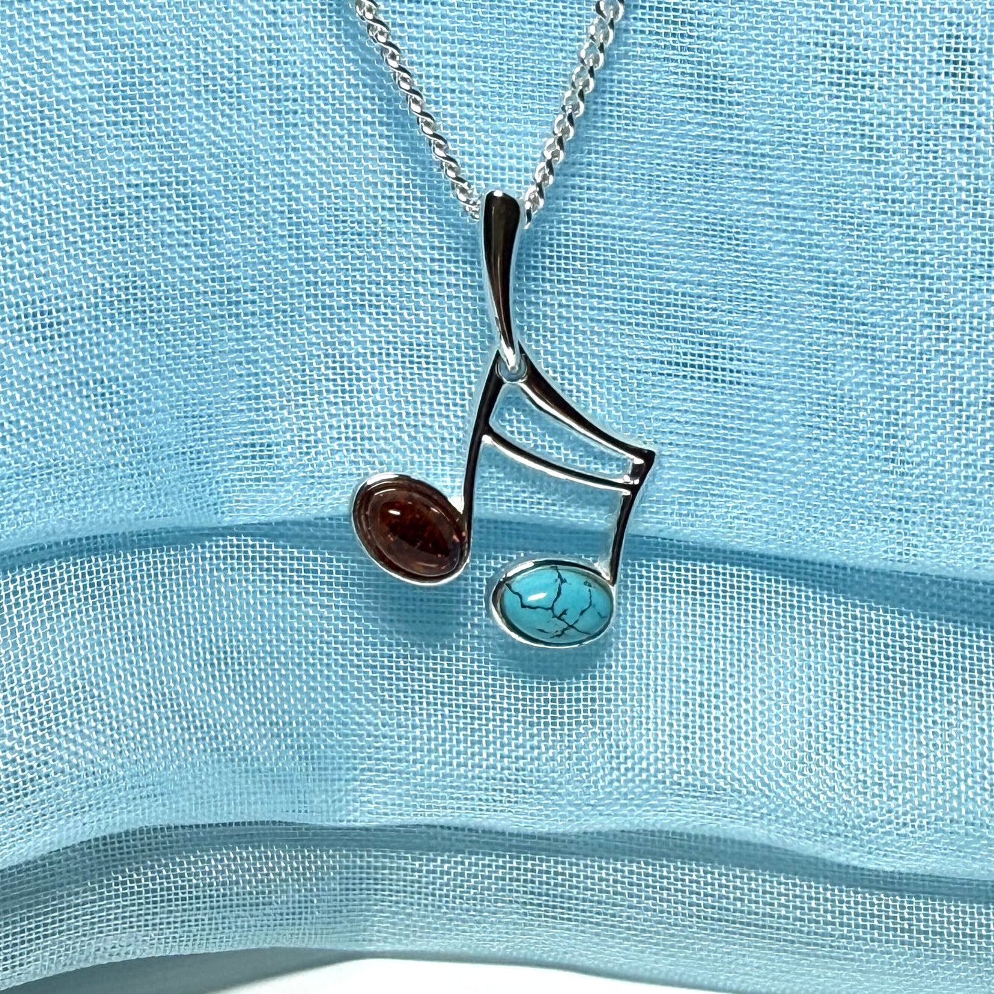 Musical note necklace real amber and turquoise sterling silver pendant