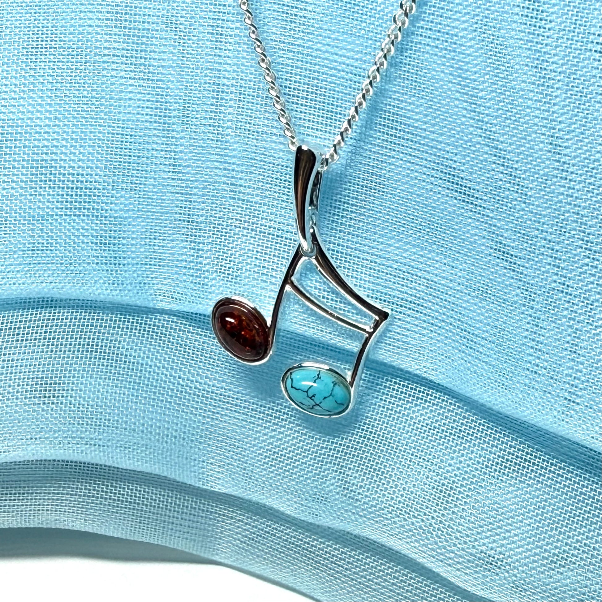 Musical note necklace real amber and turquoise sterling silver pendant