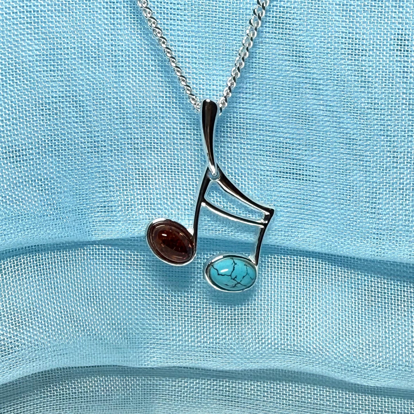 Musical note necklace real amber and turquoise sterling silver pendant