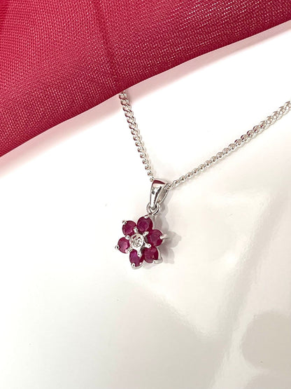 Necklace Round Ruby And Diamond Sterling Silver Red Pendant