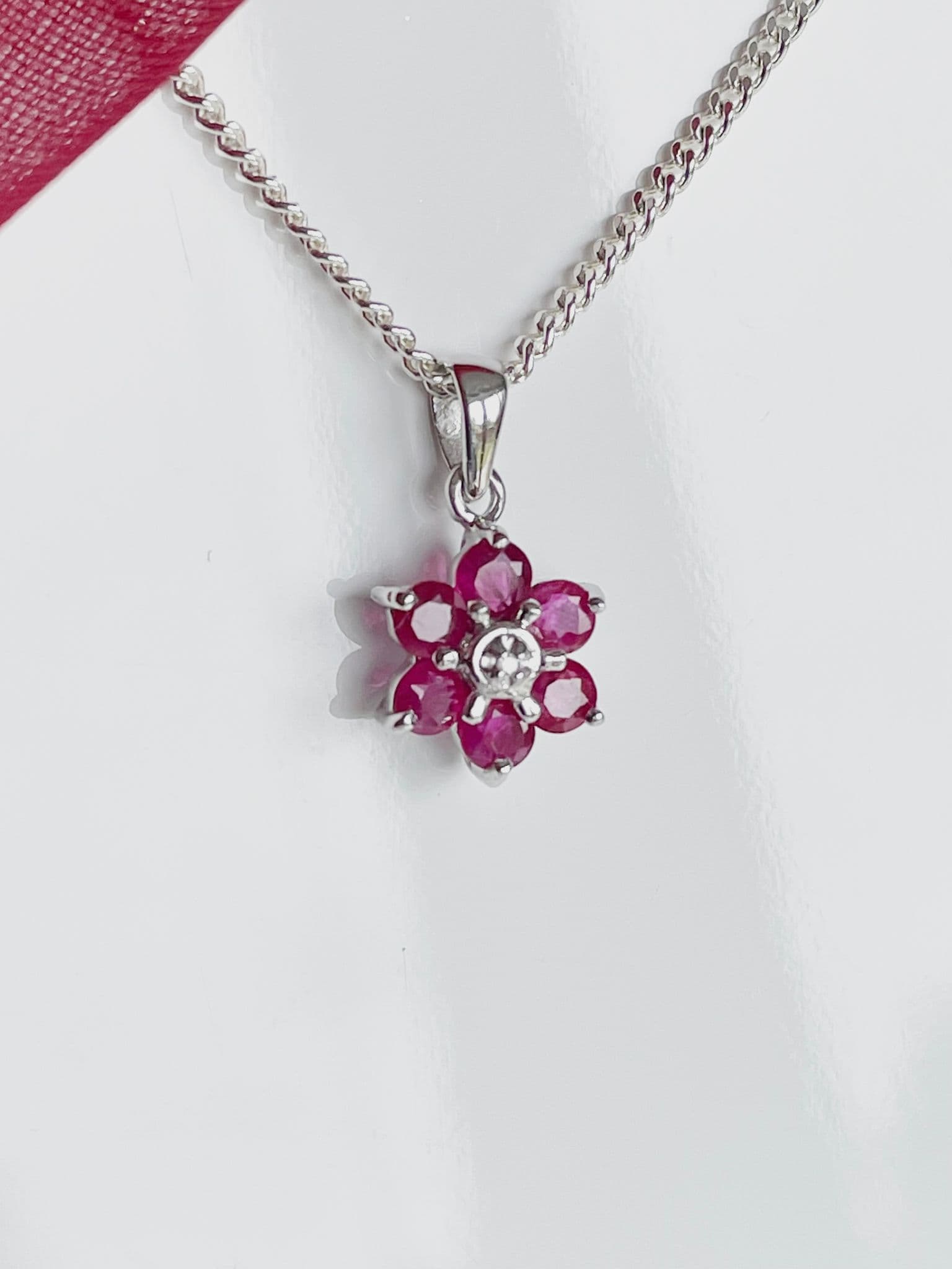 Necklace Round Ruby And Diamond Sterling Silver Red Pendant