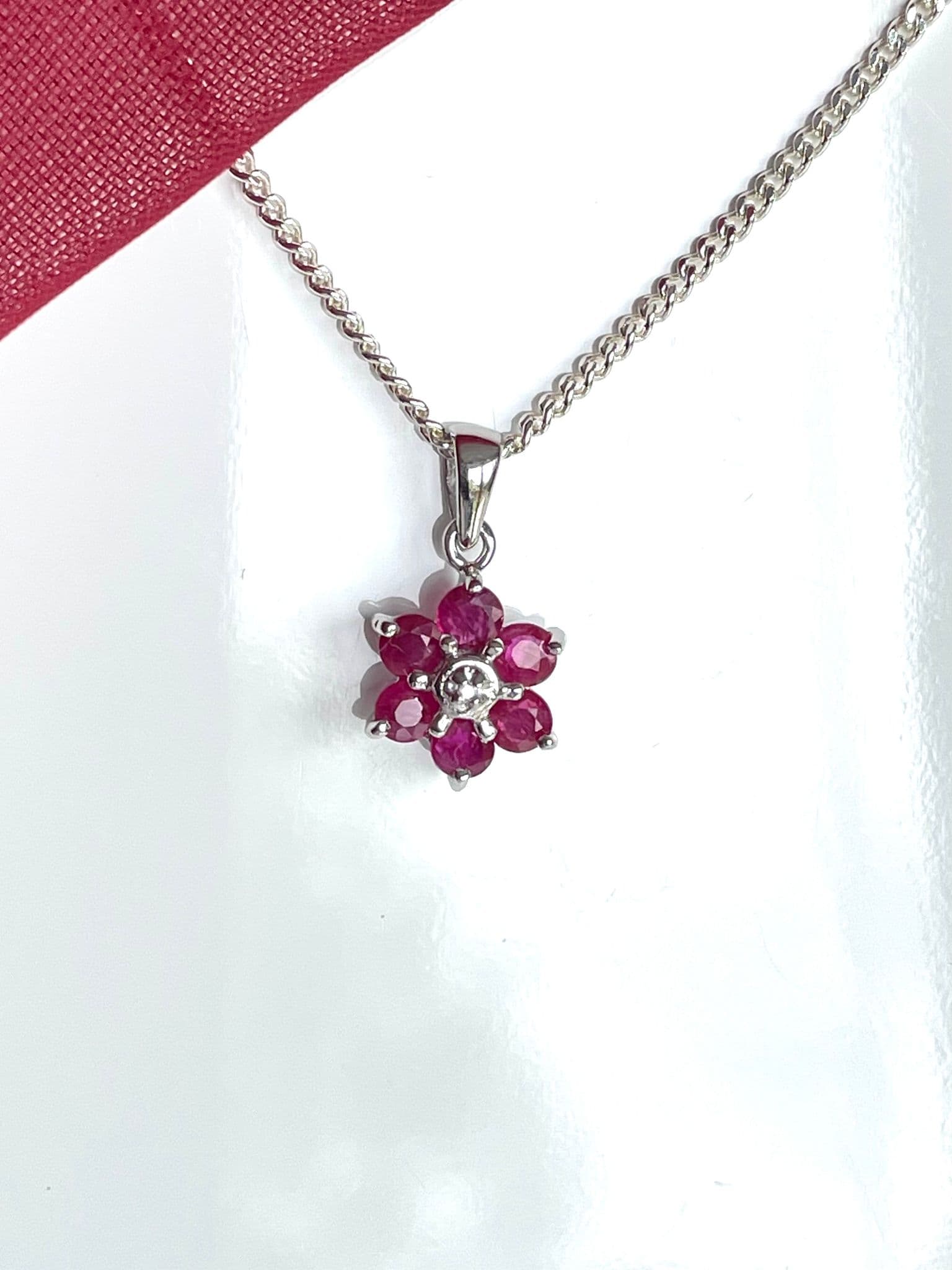Necklace Round Ruby And Diamond Sterling Silver Red Pendant