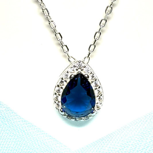 Necklace bright blue and white cubic zirconia teardrop cluster dress pear shaped cocktail pendant