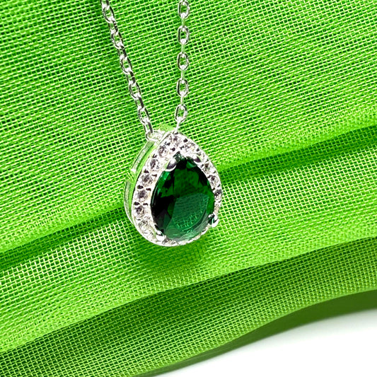 Necklace bright green and white cubic zirconia teardrop cluster dress pear shaped cocktail pendant