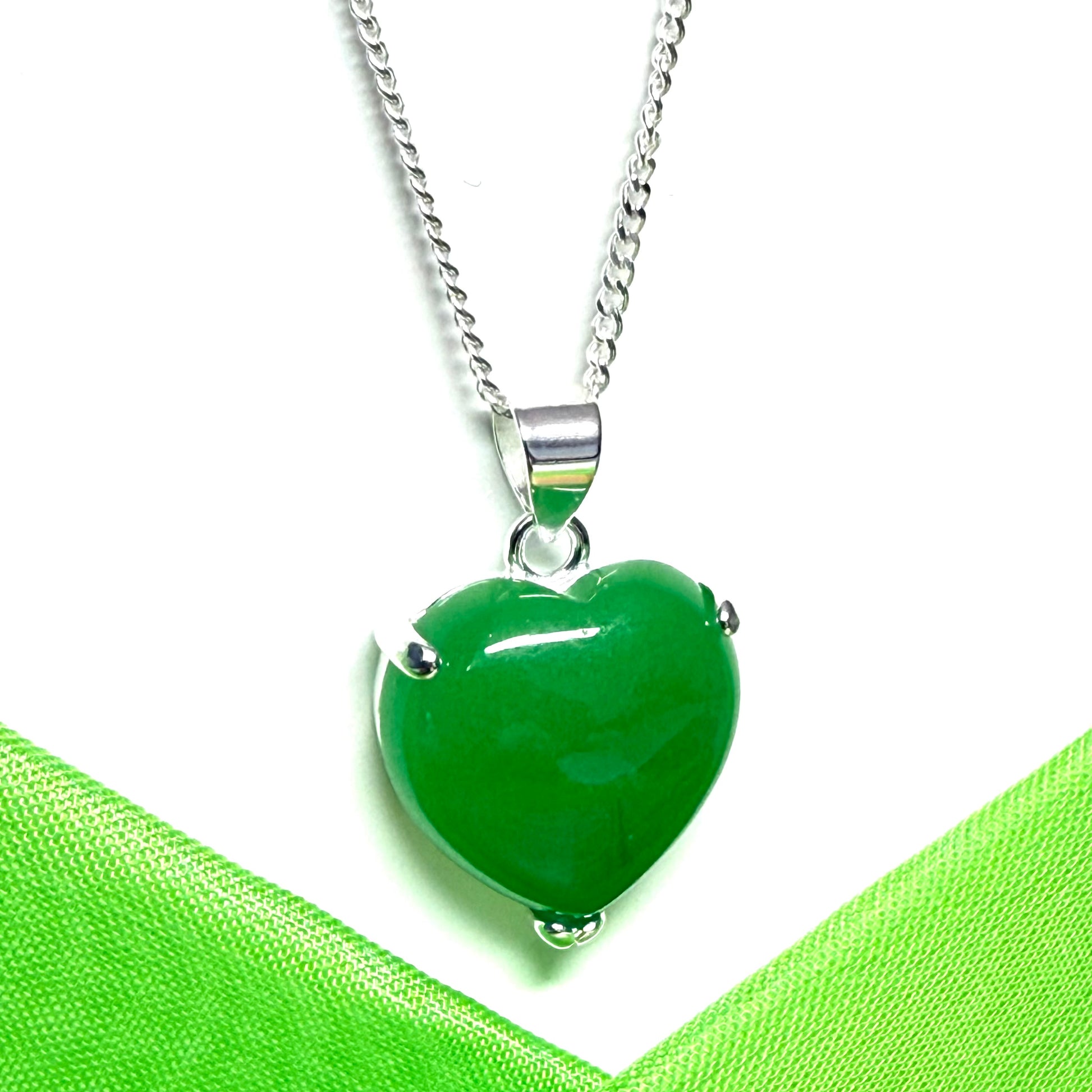Necklace heart shape sterling silver heart real green jade stone, an outstanding and timeless designed pendant with chain
