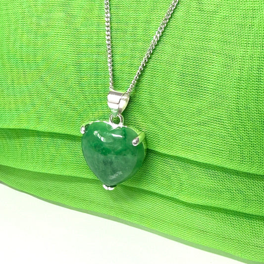 Necklace heart shaped sterling silver pendant with heart real green jade stone, a timeless design