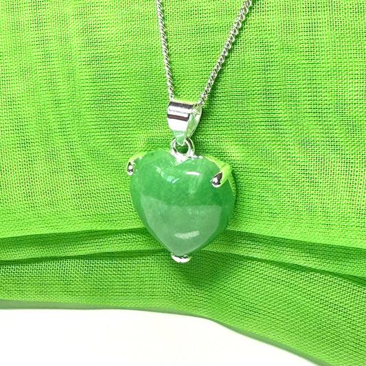 Necklace heart shaped sterling silver with heart real green jade stone, a timeless designed pendant