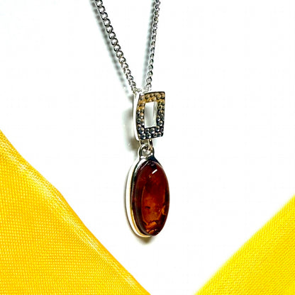 Necklace orange real amber oval drop open sterling silver