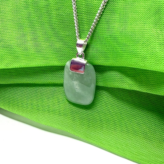 Necklace pendant having real green jade sterling silver cushion shape