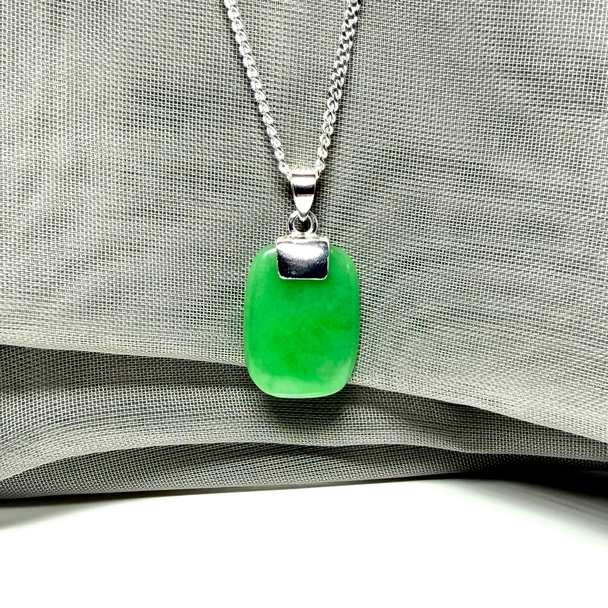 Necklace pendant having real green jade sterling silver cushion shape, stunning