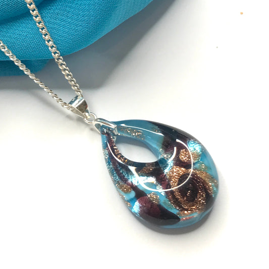 Necklace real Murano glass blue black gold coloured pear shaped pendant