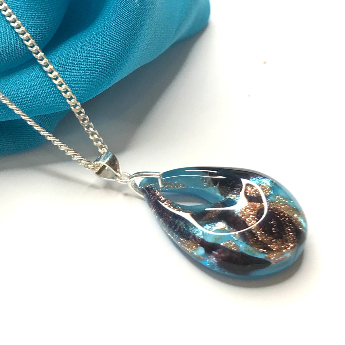 Necklace real Murano glass blue black gold coloured pear shaped pendant