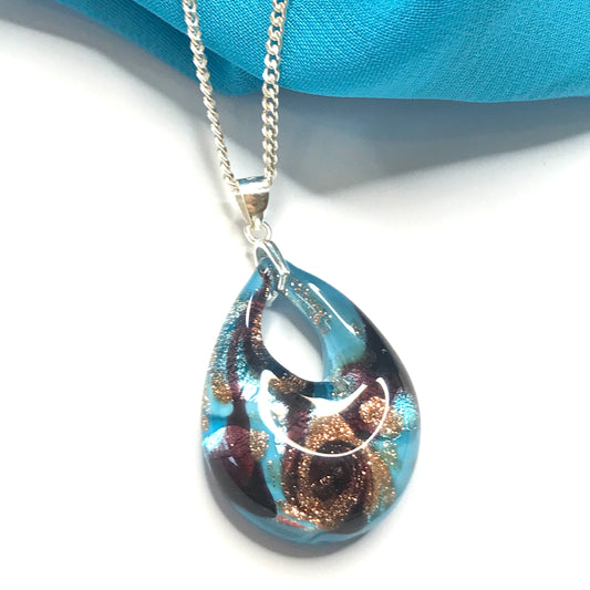Necklace real Murano glass blue black gold coloured pear shaped pendant
