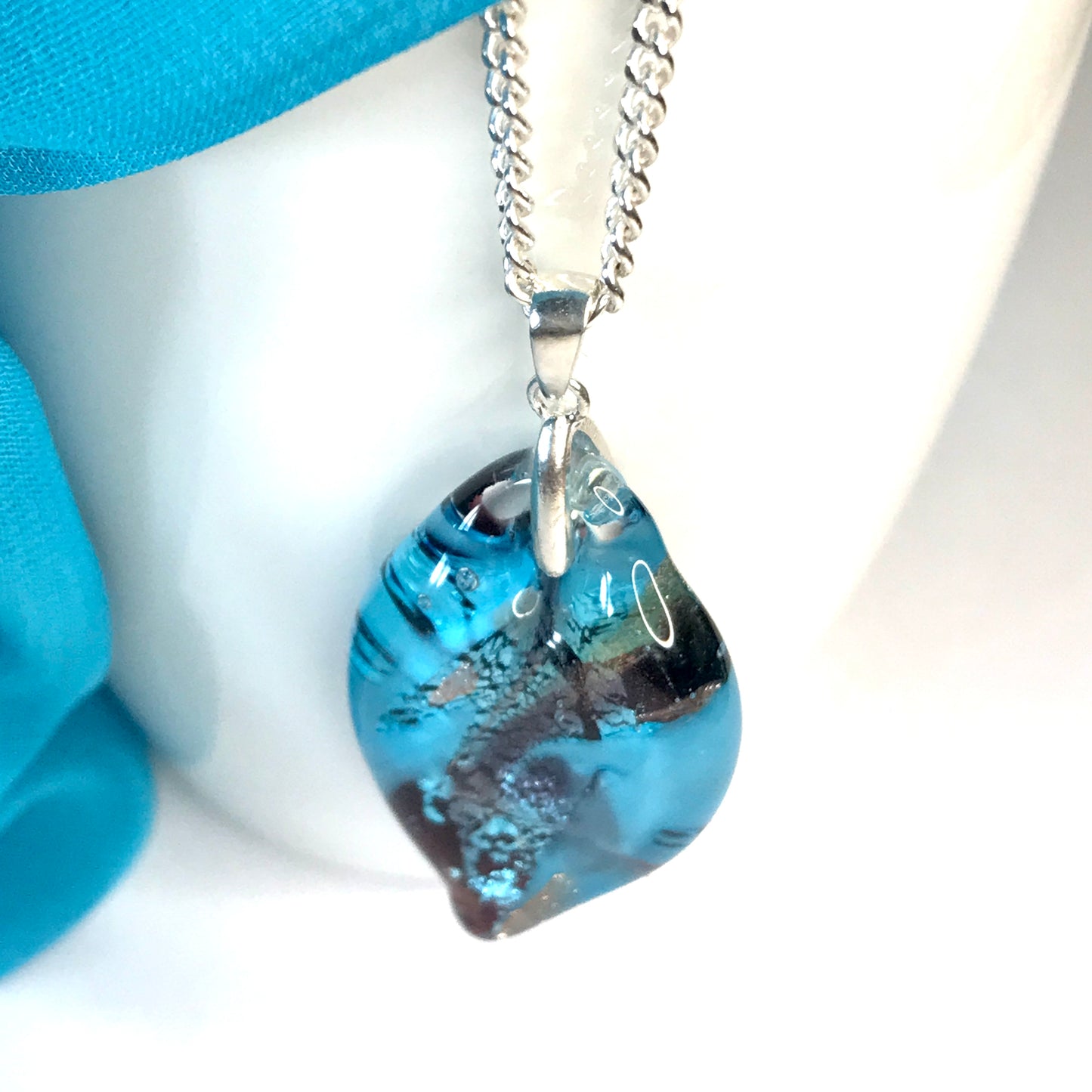 Necklace real Murano glass blue coloured oval leaf shaped pendant with chain