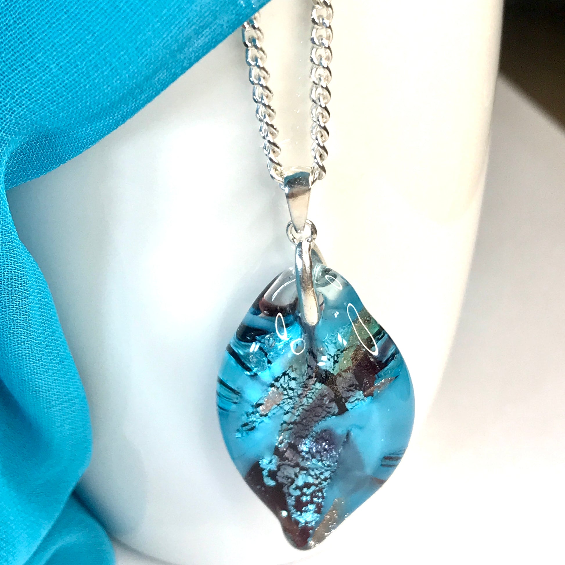 Necklace real Murano glass blue coloured oval leaf shaped pendant with chain