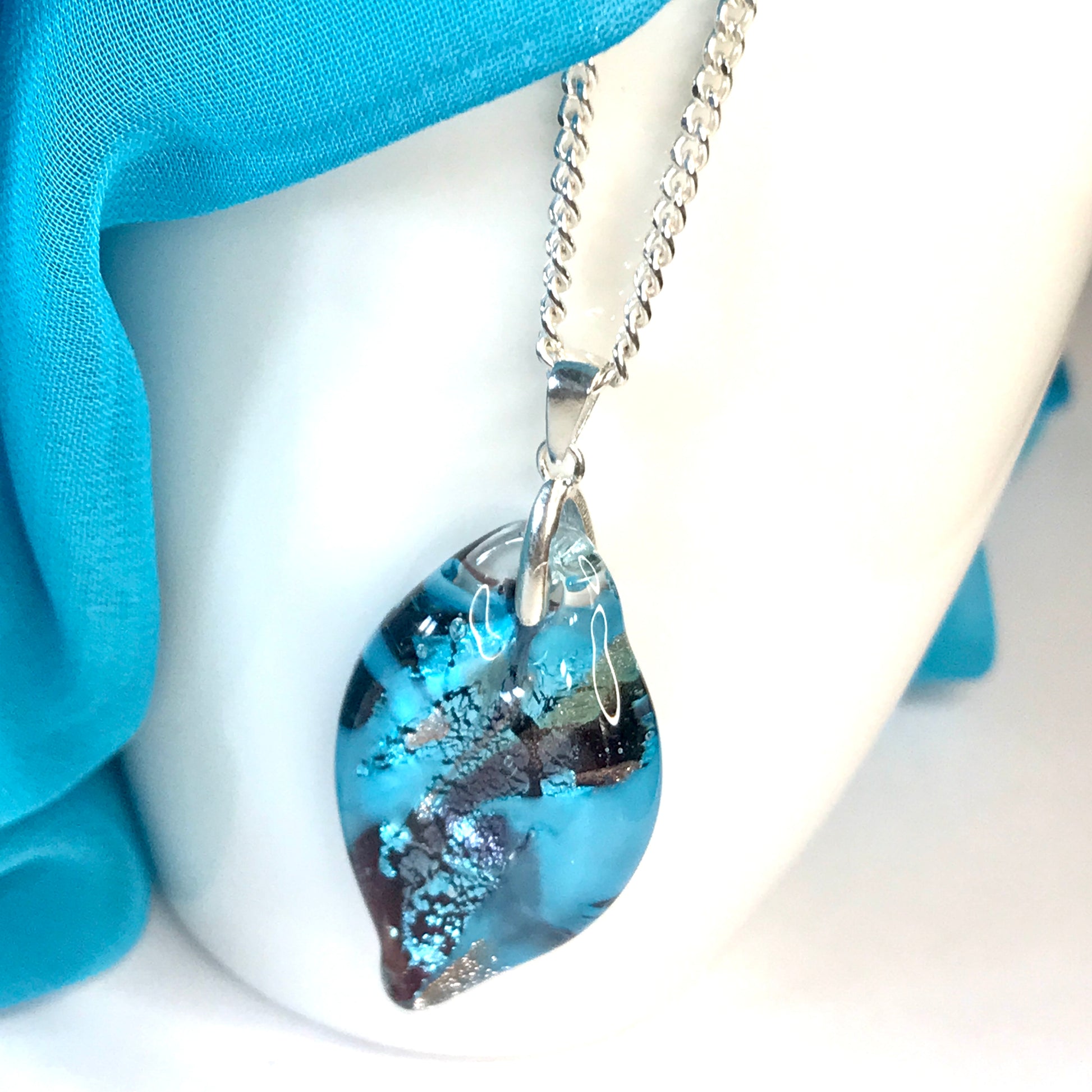 Necklace real Murano glass blue coloured oval shaped pendant