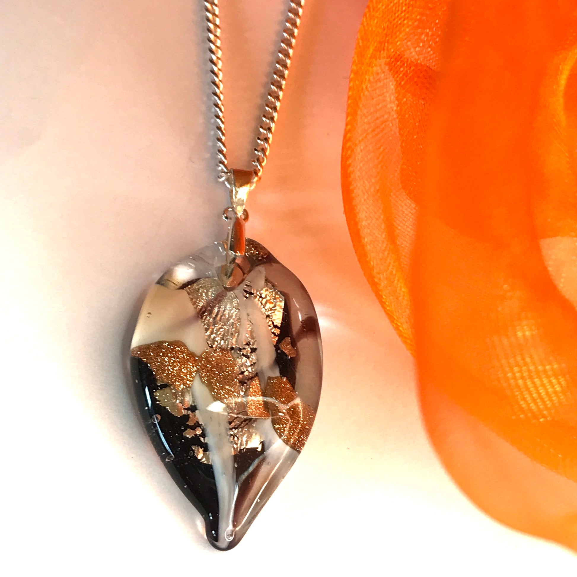 Necklace real Murano glass copper coloured oval leaf shaped pendant with a chain