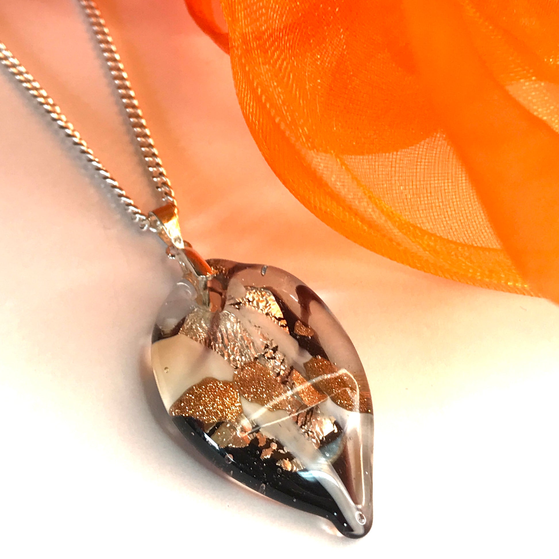 Necklace real Murano glass copper coloured oval leaf shaped pendant with a chain