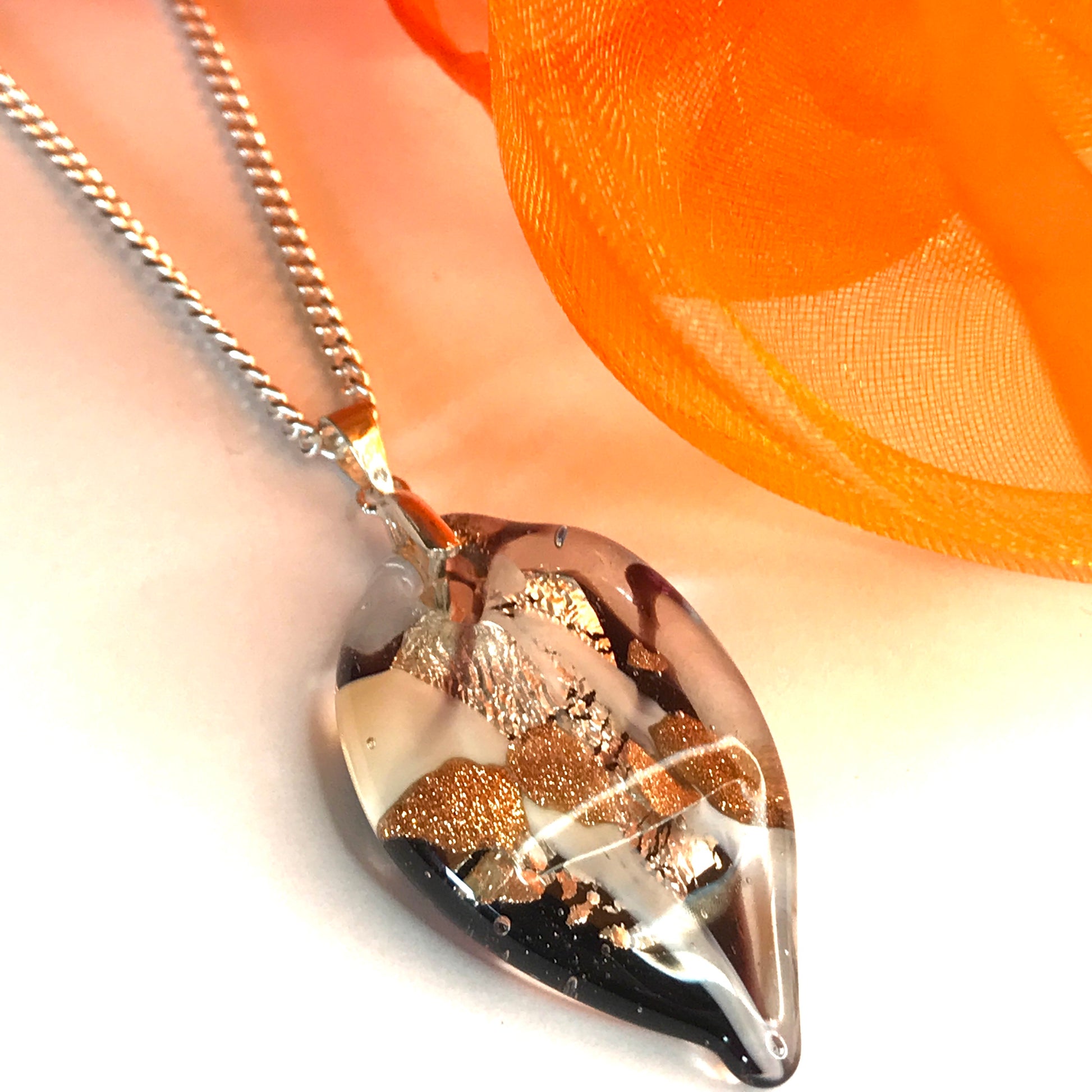 Necklace real Murano glass copper coloured oval leaf shaped pendant with a chain