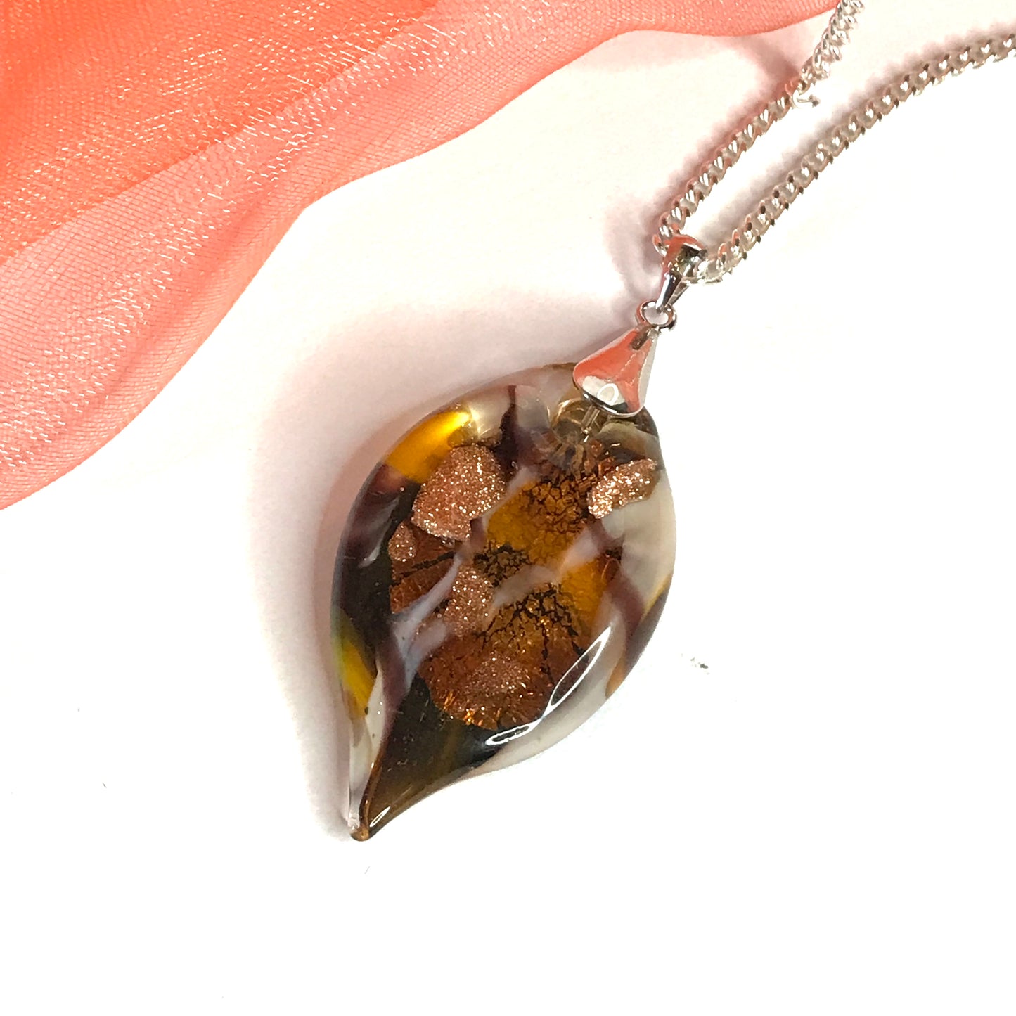 Necklace real Murano glass copper coloured oval leaf shaped pendant with chain