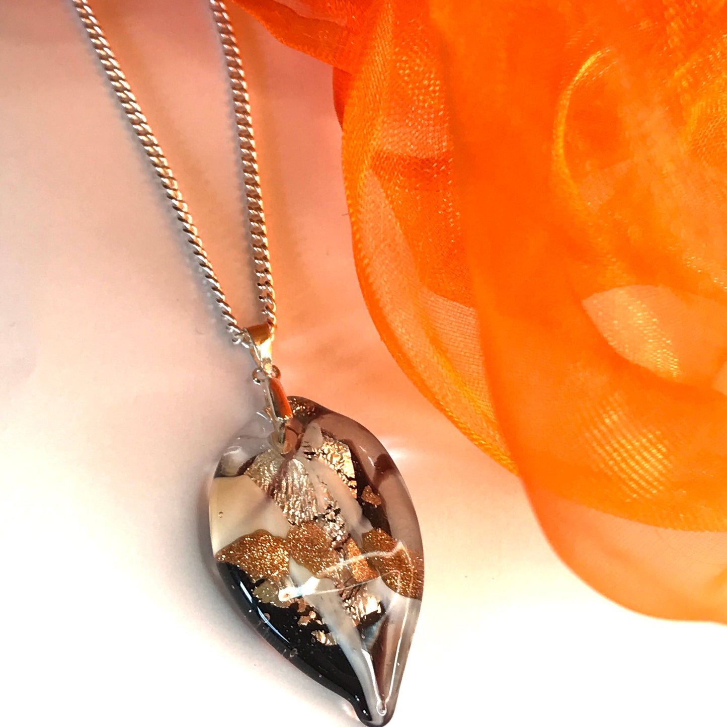 Necklace real Murano glass copper coloured oval leaf shaped pendant with a chain