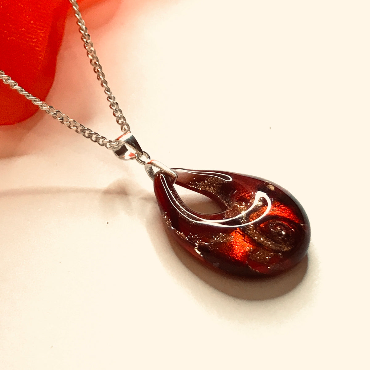 Necklace real Murano glass red gold coloured pear shaped pendant
