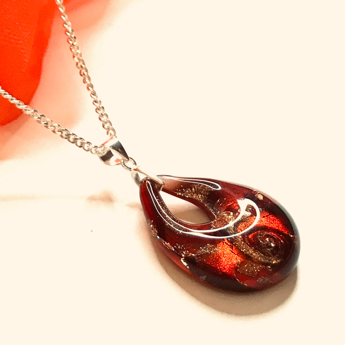 Necklace real Murano glass red gold coloured pear shaped pendant