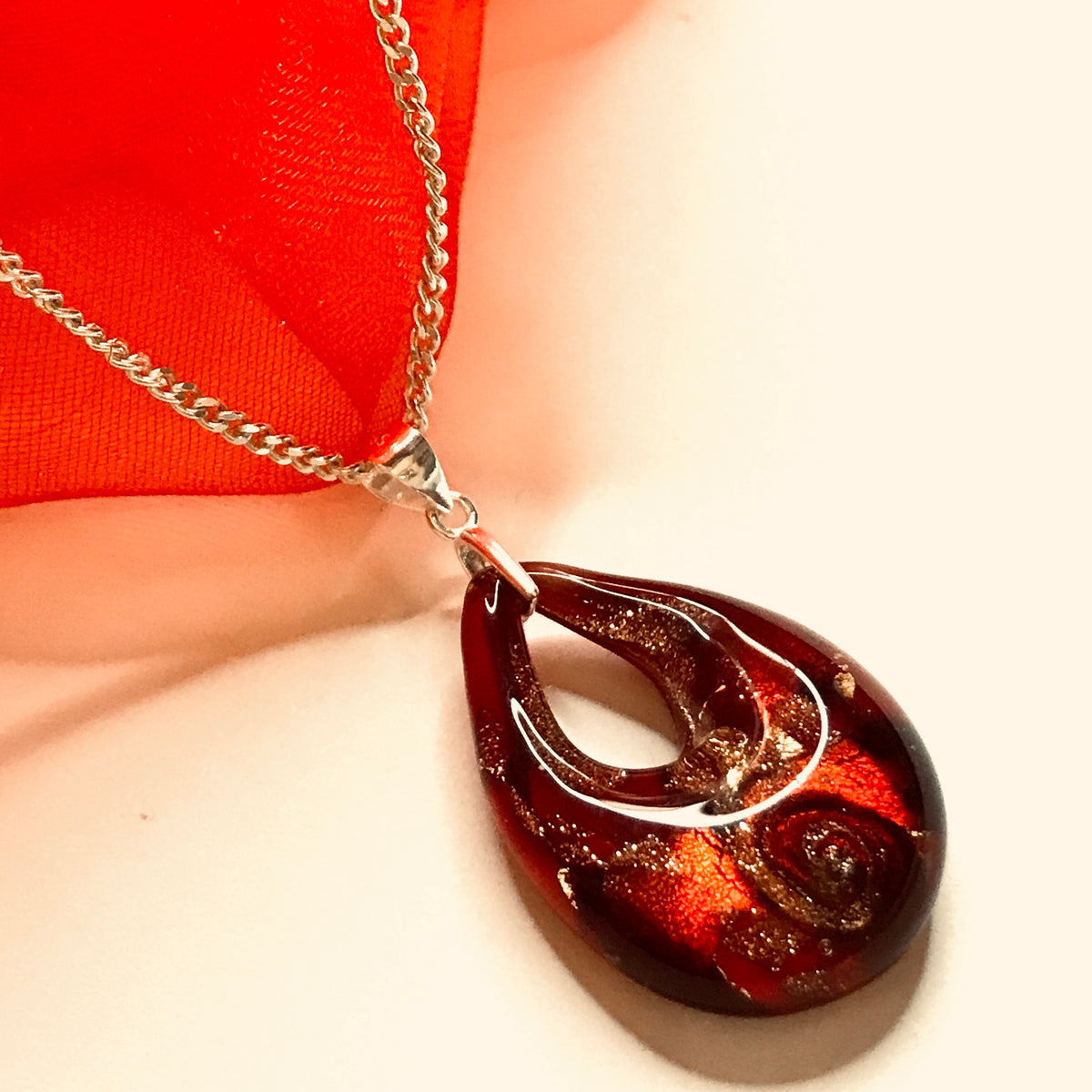 Necklace real Murano glass red gold coloured pear shaped pendant