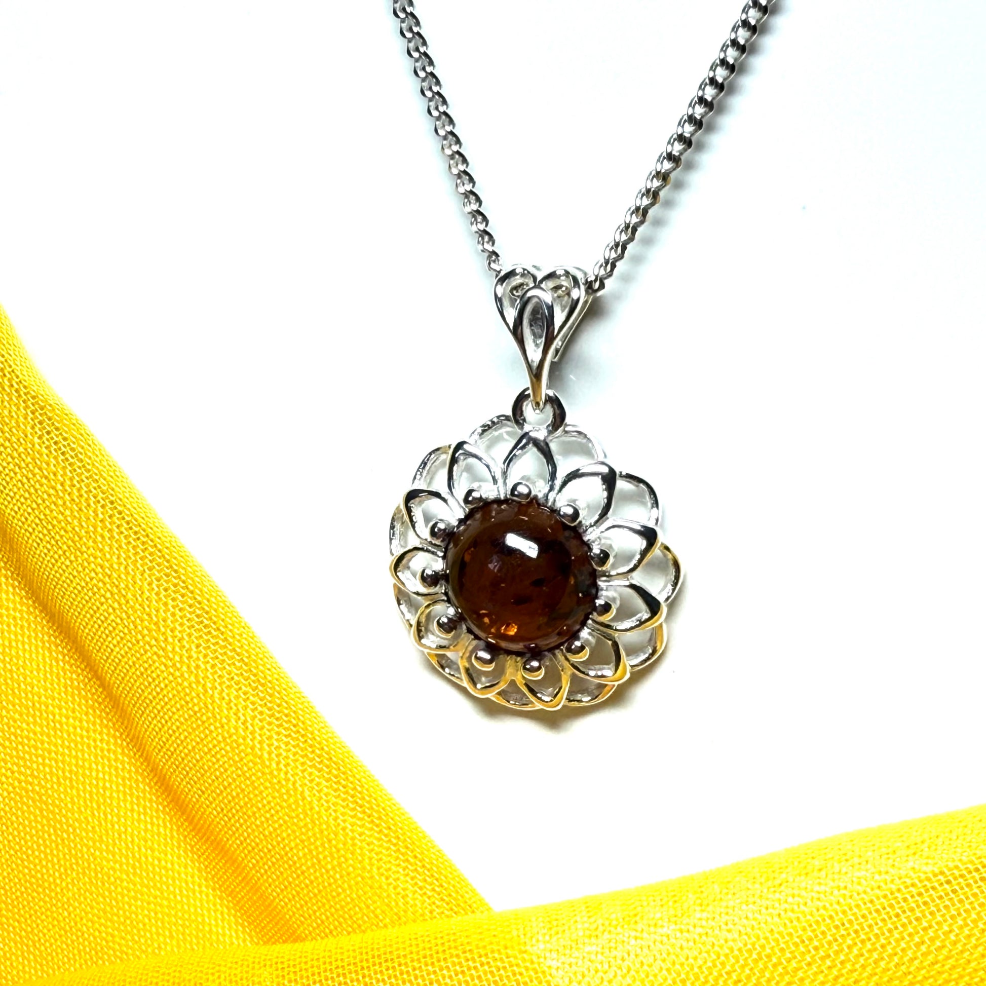 Necklace real amber open pierced round floral designed sterling silver