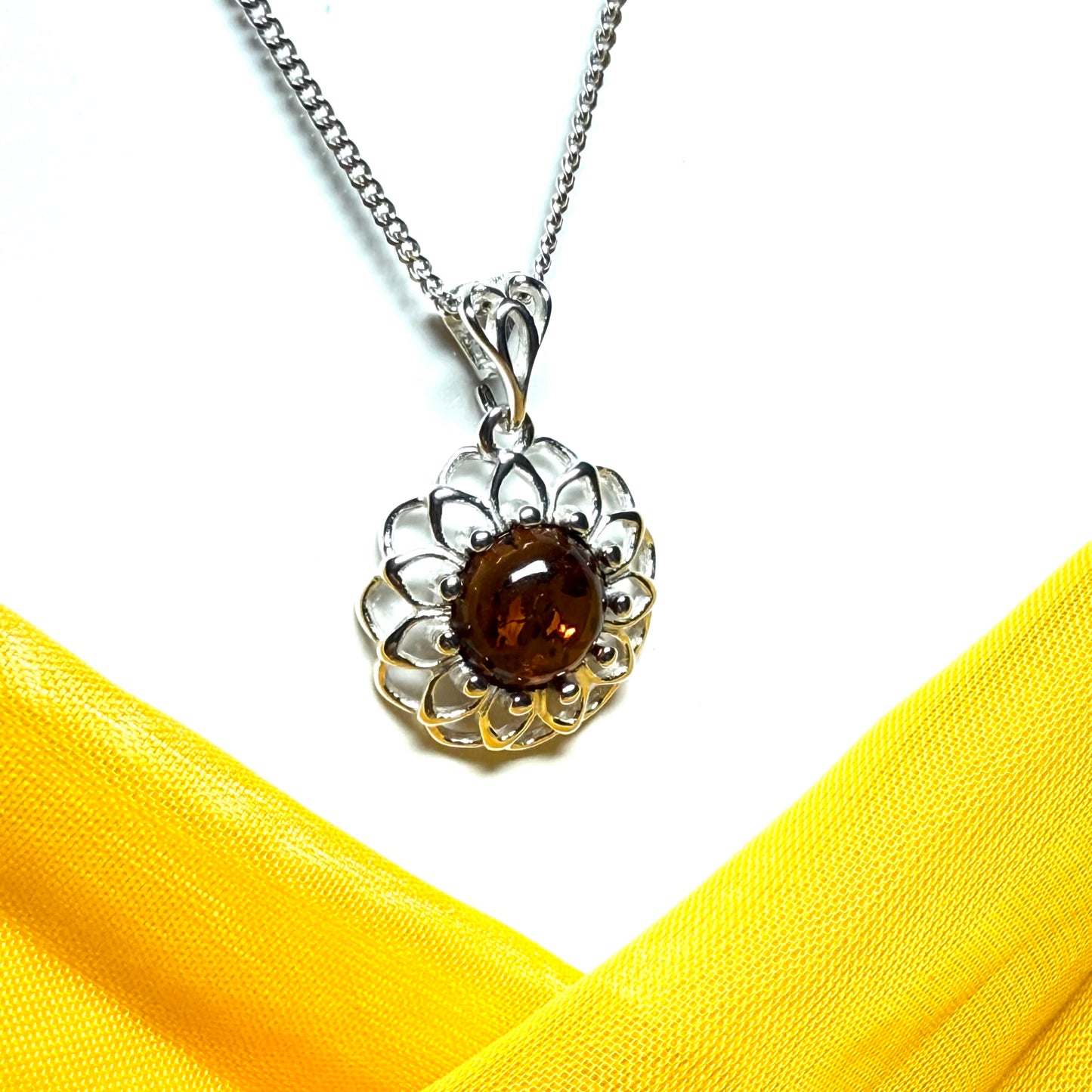 Necklace real amber open pierced round floral designed sterling silver